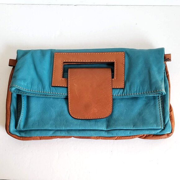 Vintage MODA in ITALIA Convertible 3in1 Leather Clutch Handbag Turquoise Cognac - Picture 12 of 13